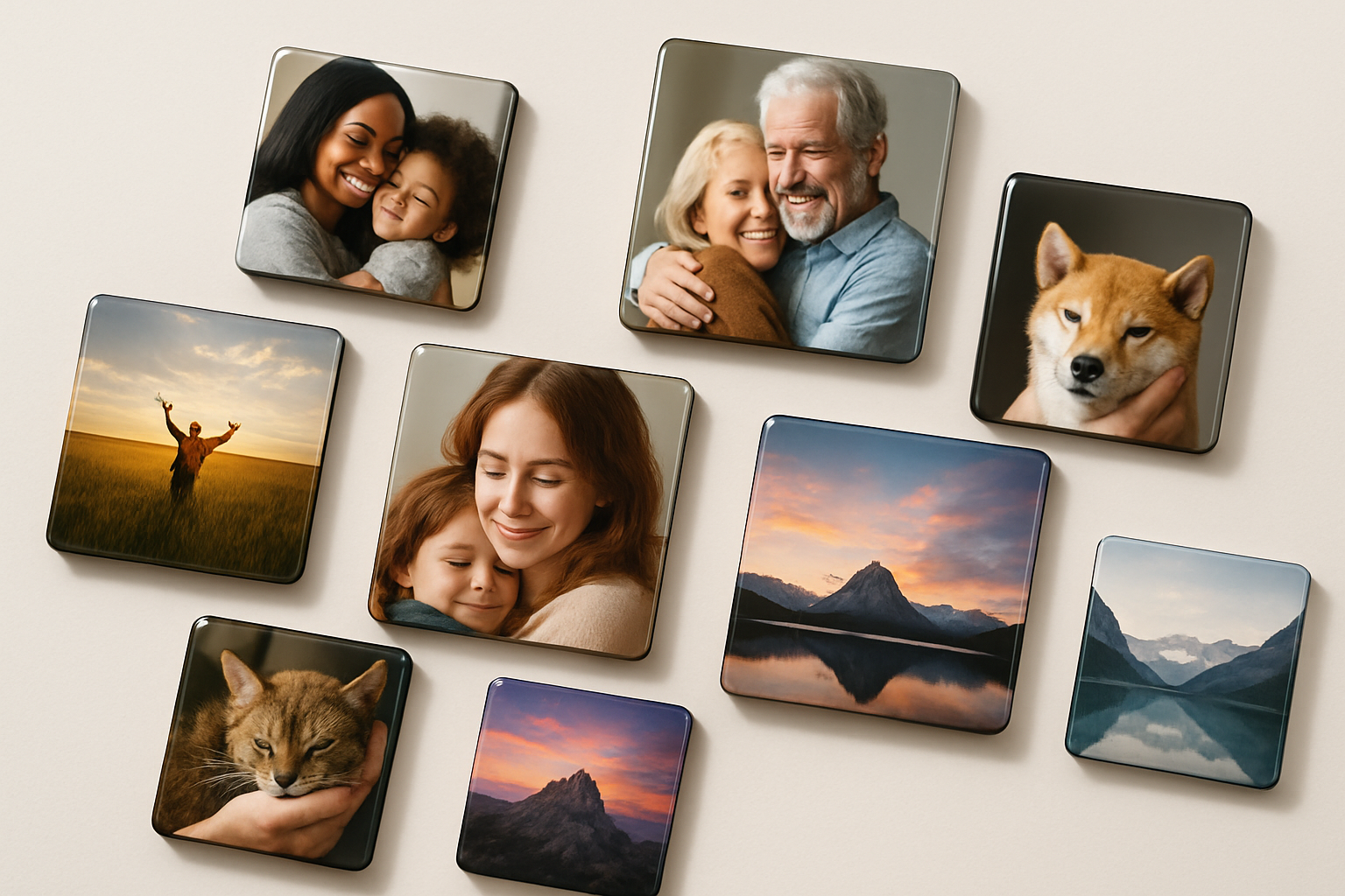 Quadratische Magnete mit Emotionalen Bildern, modern inzeniert für einen Online-Shop